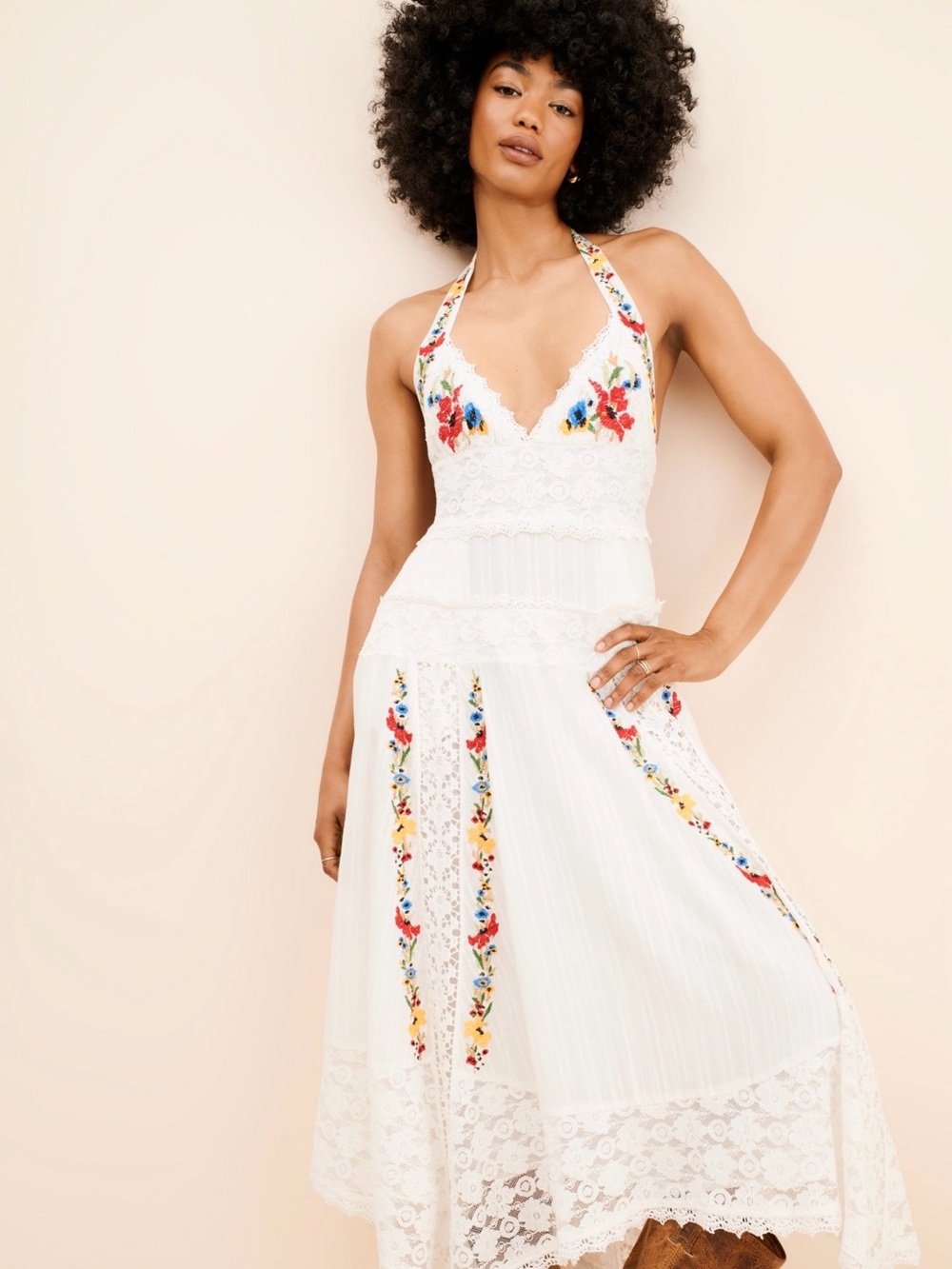 Free People Keila Halter Neck Embroidery & Lace Detail Cotton Dress - Picture 1 of 11